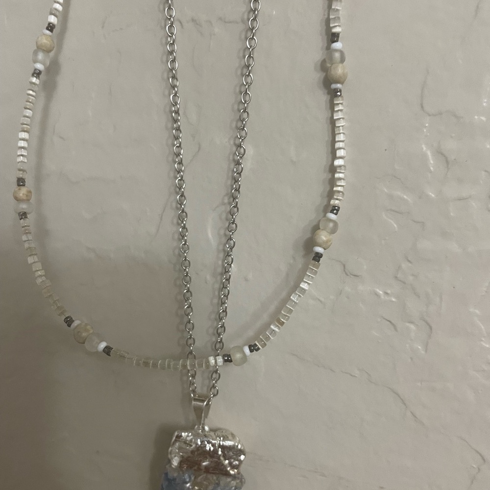 Silver and White Beaded Necklace dipped kyanite Pendant. Together or seperate